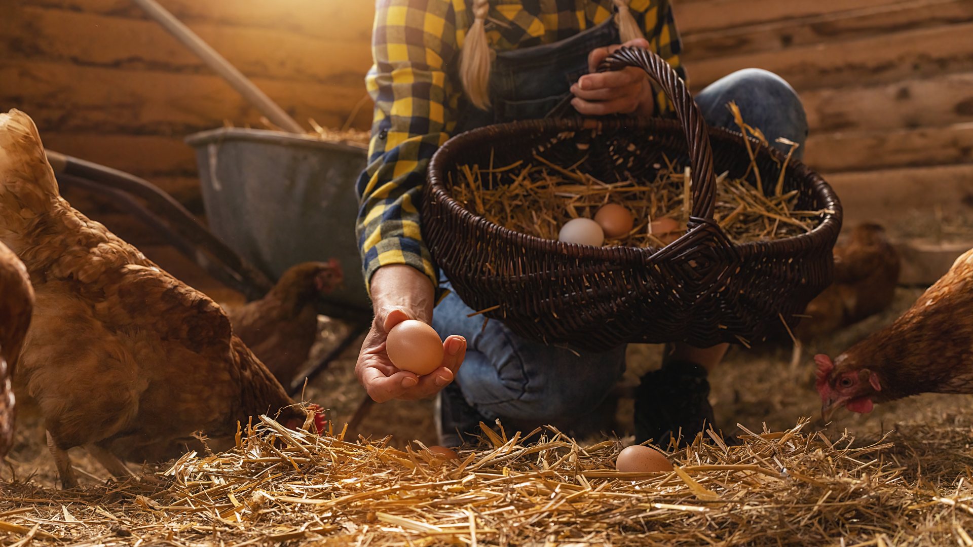 Farmer grabs organic eggs from her hens in basket at a henhouse